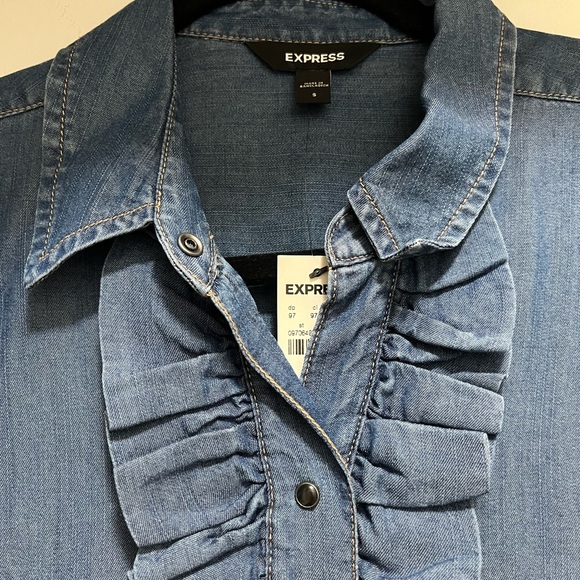 Express Blue Denim Ruffled Shirt - Picture 2 of 7